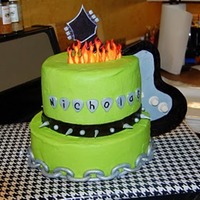 Rock Star Cake 3rd birthday cake made for my son. Gumpaste and fondant accents. Cake is iced in faux fondant. Was a chocolate cake with whipped cream and...