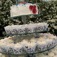 Cupcake Cake Wedding Cake 100 cupcakes and an 8 inch cake. Custom made glass stand done by a friend that owns a glass company. Cake and cupcakes were blue velvet to...