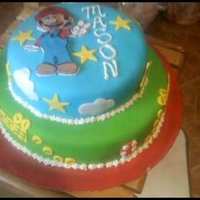 Super Mario Bros Cake this is a 2 tier super mario bros cake made for a 5th birthday. 1st tier is chocolate cake and the 2nd is white. it is frosted with...
