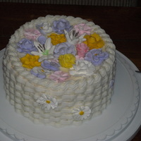 Basketweave And Flowers Final cake for Wilton cake design and flowers. Was so excited for all my RI flowers, even the first ones that were lopsided and mishapen,...