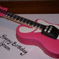 Pink Guitar body of guitar cake covered in mmf, neck cardboard covered in silver wrap