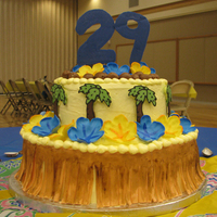 Hawaiian Fun Modeling chocolate hula skirt, MMF lei flowers, chocolate "painted" palm trees and numbers, and chocolate fondant coconuts.