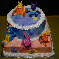 Backyardigans The inside is yellow cake and it has Strawberry and Custard filling with buttercream icing. I made each character by hand and the stars and...