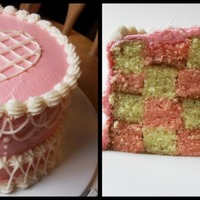 Valentine's Day Cake Pink and white checkerboard cake on the inside, old-school piping on the outside