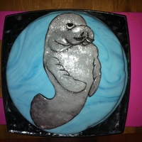 Manatee Cake For Phil Silver edible glittery manatee by me (Aaron) on marbled blue ocean icing, by boyfriend (Andi). Cake is sponge with mango pieces and a mango...