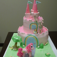 Pinkie Pie Birthday Cake White cake with butter cream frosting and mwf accents, I made this for my bosses daughter. She loves My Little Ponies, especially Pinkie...
