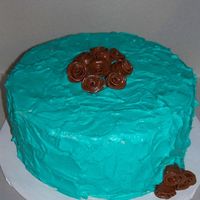 Teal With Brown Roses Teal buttercreme with Tootsie roll roses made for a benefit for a boy with Downs Syndrome