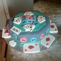 Poker Table The cake was covered in fondant as well as the chips. The cards are made from chocolate.