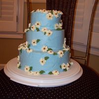 Mini Stacked Cake 8 inch, 6 inch, and 4 inch cakes stacked with blue buttercream with white flowers.