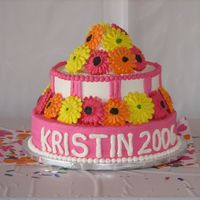 Pink Graduation Cake This Graduation Cake was for a local student who wanted to go with a Hawaiian theme grad party. The gerbera daisies are royal icing.