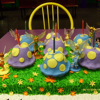 Fairy Cake The Mushrooms are made from Rice Krispy treats. The figurines are actually plastic. Grass was made using the Grass tip