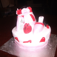My First Eva Cake my first cake using sugarpaste, shoe made with template i got off here so thanx hand bag and lipstick and i tried a few roses