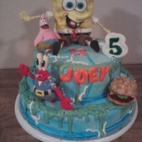 Spongebob Birthday Cake All characters are hand sculpted from fondant/gumpaste, SpongeBob was made from rice krispy treats and modeling chocolate. The green...