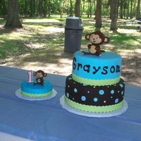 Monkey Boy's 1St Birthday This cake was inspired by the invitation. The monkeys on top are rice krispy treats covered in fondant, they turned out so cute!