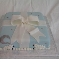 Sheep Gift Cake Fondant gift box cake with fondant bow, moon & stars, buttercream sheep.
