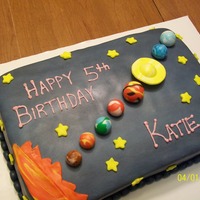 Space Birthday Cake Fondant covered cake with fondant marbled planets and fondant stars. I was disappointed in my piping skills on the lettering (my frosting...