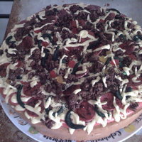 Pizza Birthday Cake pizza cake, toppings made of fondant, icing and candy. cocoa pebbles and choc. to make crumbled hamburger.