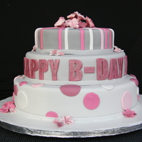 Pink And Grey Birthday Cake My friend Lisa's 30th birthday cake. Vanilla bean cake with a hazelnut buttercream filling. Ombre Grey Fondant with gumpaste prim...