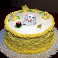 Easter Bunny & Chicks Easter cake I did. Created chick, ducks and bunny from fondant, Checkerboard cake with buttercream icing.