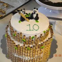 Panda Cake This cake is an oreo pound cake with buttercream icing. The pandas and leaves are fondant and the "bamboo" is prailines.