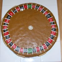 Roulette Wheel white chocolate cake, covered with colored fondant, numbers in royal