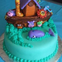 Noahs Ark Baby Shower Cake!! The ark was made from cereal treats and all of the animals were made from fondant :)