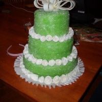 Engagement Party Cake French vanilla cake with raspberry filling. Buttercream icing covered with green mmf. Added the sparkling sugar which gave it a nice touch...