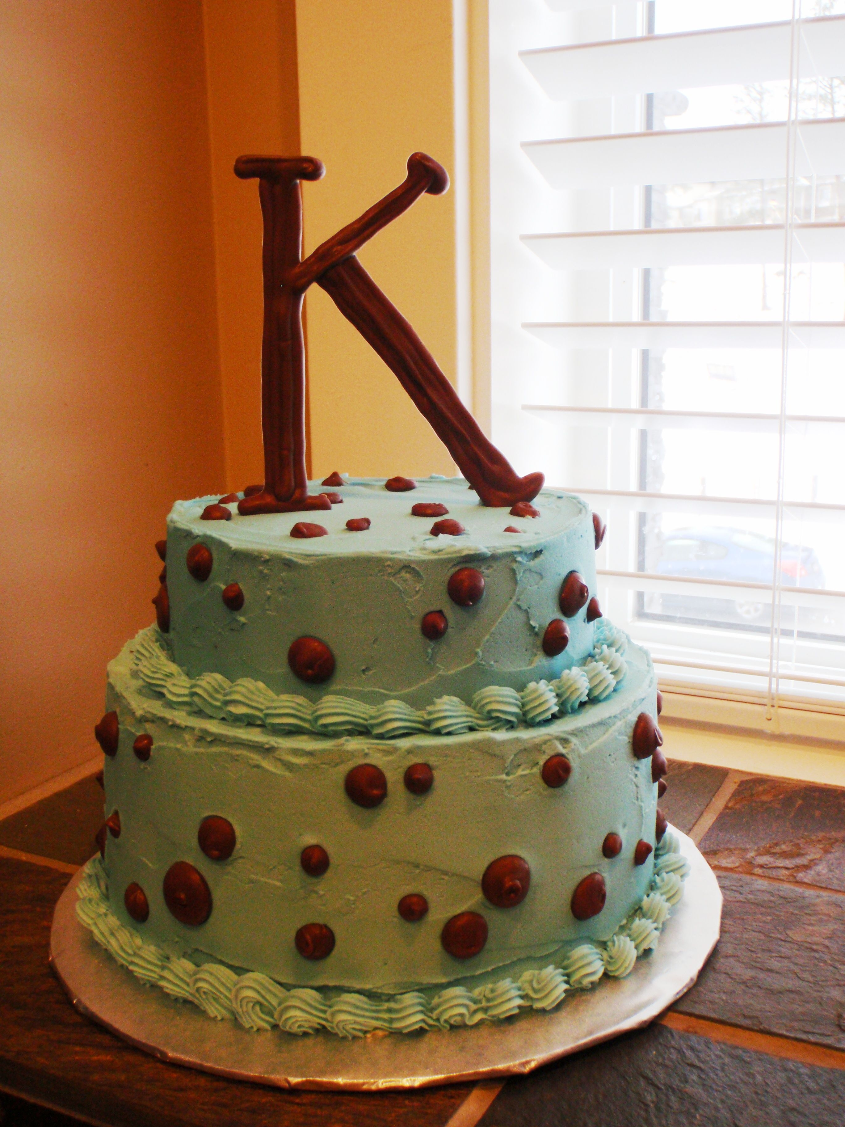 Brown And Blue Polka Dots Initial Cake all buttercream, chocolate dots and 'K'