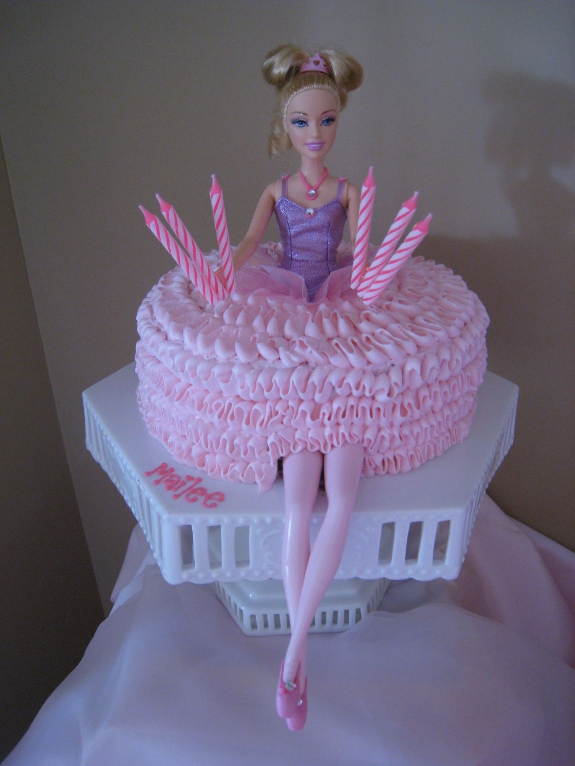 Ballerina chocolate cake with vanilla creme filling. BC icing. my daughter Mailee turned 6 (hence the 6 candles!) the necklace and small rhinestones...