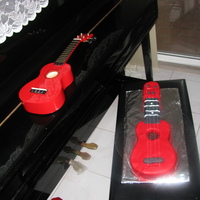 Ukelele Cake chocolate fudge cake with chocolate ganache covered in red fondant ( cake on the right)