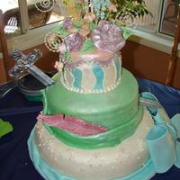 Off To Neverland! This cake was for a 17th, Peter Pan birthday party. Wendy's dress is represented in the bottom tier with lace overlays, blue sash, and...