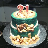 Soph's 21St Birthday Seashell Cake Plain chocolate sponge covered with white chocolate icing and chocolate shells. Sugar for the sand, and fondant for the 'pearls'...