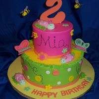 Mia's Bug Birthday 6 and 9 inch rounds, iced in butterrcream, fondant accents, bugs, and letters. number has tylose added. bees on 22ga wire. butterflies are...