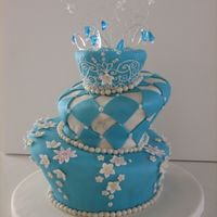Aqua Topsy Turvy Front Topsy turvy cake covered in Fondant with dragees Shimmer spray and some glass bead accents on top