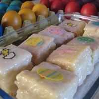 Easter Petit Fours. Little Madeira Cakes with Rose Water Icing and Chocolate decorations...