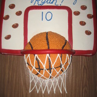 Basketball Cake German Chocolate Cake decorated with White Chocolate Buttercream Icing and red fondant with basketball candles. Backboard filled with Dulce...