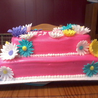 Dollop Of Daisies Chocolate, and yellow cake with bc filling. smoothed bc icing with fondant gerber faisies and regluar daisies. My first cake that I have...