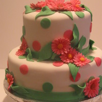 Gerbera Daisies My daughter's bridal shower has a pink & green theme. Gerbera daisies are gumpaste, other decorations are fondant. Dark chocolate...