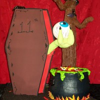 The Eye And The Cauldron This is a cake I did for my 11yr old daughters halloween birthday. The tree is pvc pipe, halfway up with 5"dummies and the rest rice...