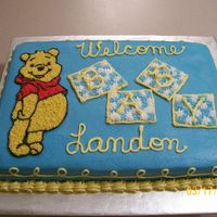 Pooh Baby Shower Cake Winnie the Pooh piping gel transfer done in buttercream for a baby shower for a neighbor.