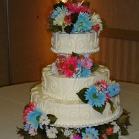 Stacy This cake is sitting on the tall tier cake stand base. The sizes were 16", 12" and 8". The flowers were silk.