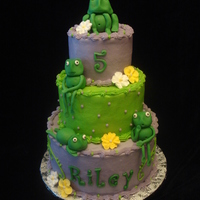 Frog Birthday Cake 8", 6" and 4" tiers. Iced in buttercream with fondant/gumpaste accents and frogs. I love how this cake turned out and the...