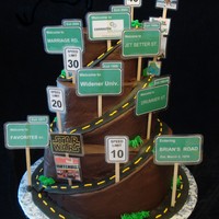 Road Of Life For a 40th birthday! Buttercream iced, fondant road, laminated signs. A topper was put on, but I didn't get a picture. It was a huge...