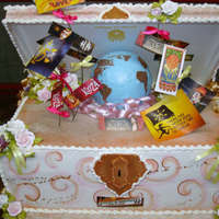 Cirque Cake made to resemble a traveling trunk sort of theme. Buttercream and fondant. Globe is styrofoam covered in fondant, painted with gel...