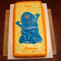 B.o.b. Two nine inch squares. One chocolate, one strawberry with cream cheese icing. B.O.B. is fondant with the new wilton sparkle jel on top.