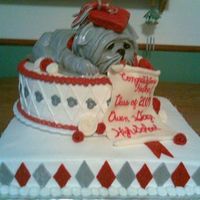 Bulldogs Graduation 16" square on bottom, 2 layer 10" round cake, and a loaf pan plus extra for sculpting the bulldog. I was inspired by melissaRHK&#...