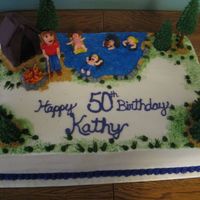 50Th Birthday Camping Theme this was 4 11 x 15 sheet cakes, 2 layer stacked. 1/2 chocolate 1/2 white the trees and "inner tubes" are made from royal icing...
