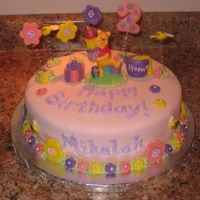 Pooh "Girlie" Winnie the Pooh cake for 2-year old. Covered in MMF; everything is edible except for Pooh (candle) and the springs! The...