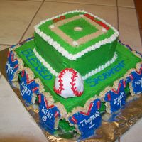 Baseball Team Cake I did this cake for my son's baseball team party. The baseball is a little lopsided.....oh well. Icing is bc on cake with rice krispie...