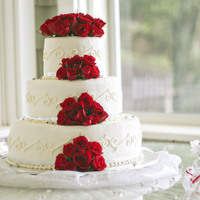 Red Rose Wedding 14, 10, 6 inch round cake, thin silver ribbon, diamond confetti, red roses